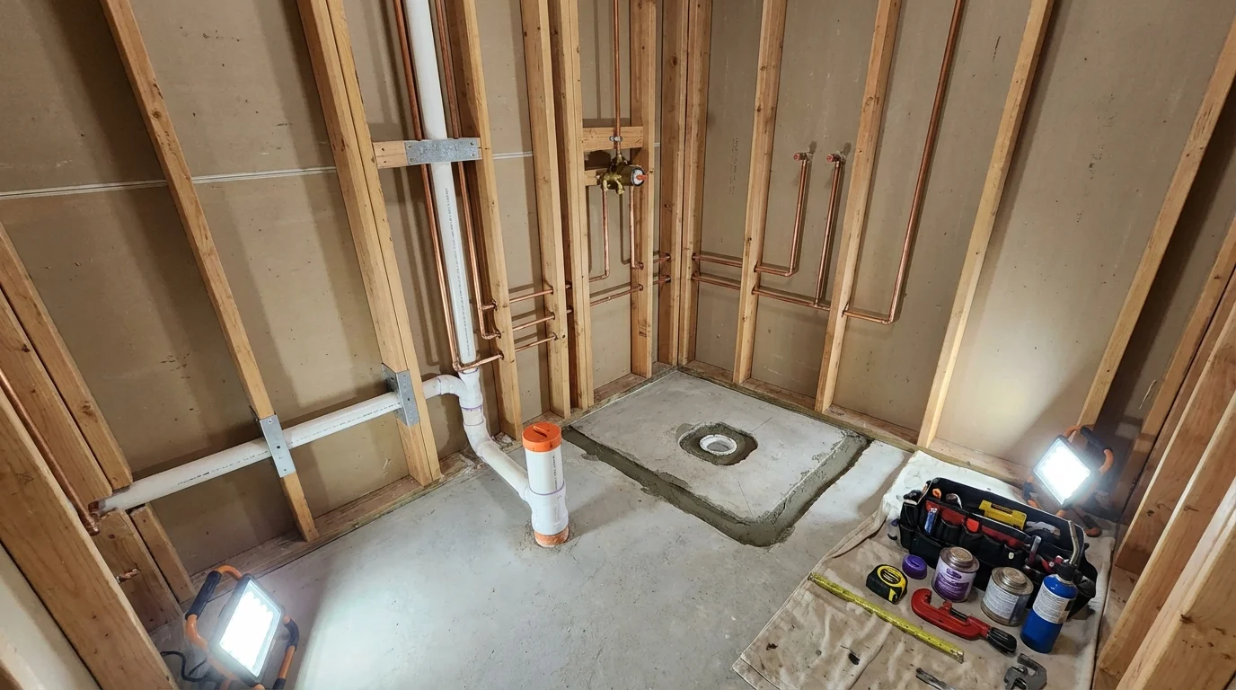 Bathroom rough-in plumbing during remodel by Johns Plumbing LLC in Lake View