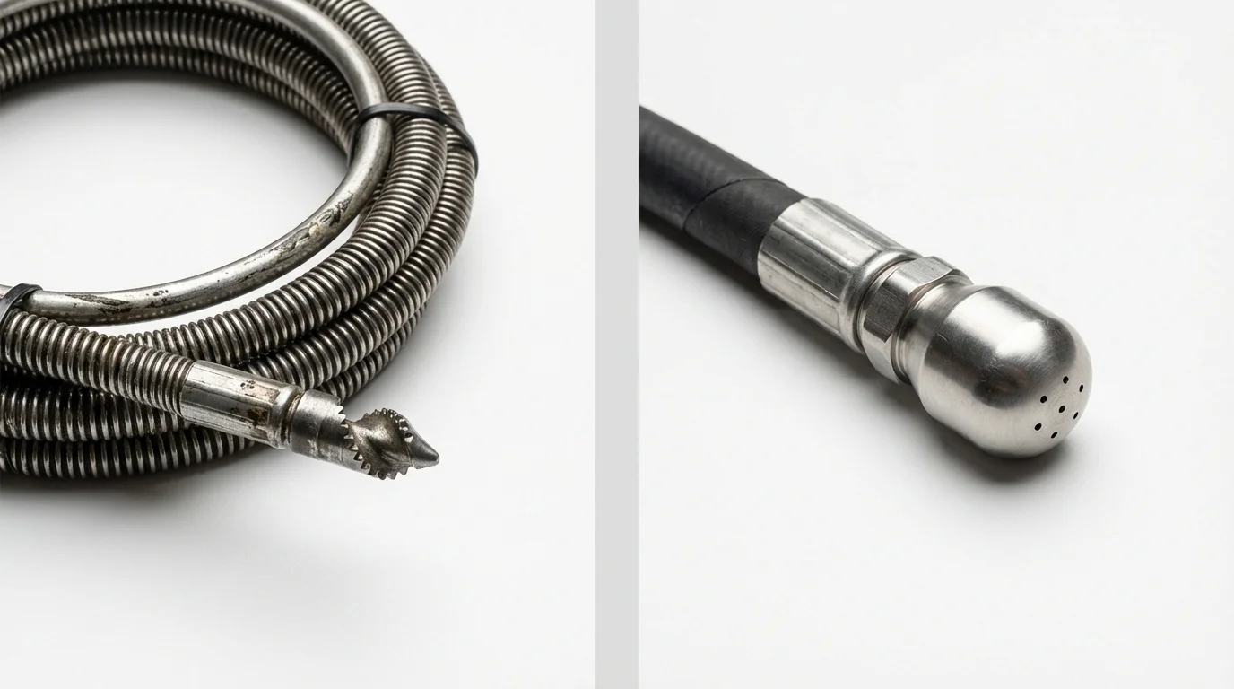 Drain snake cable and hydro jetting nozzle used for drain cleaning in Lake View, IA