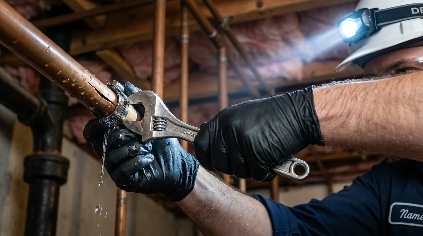 Emergency pipe clamp repair being performed by a Johns Plumbing LLC plumber in Lake View