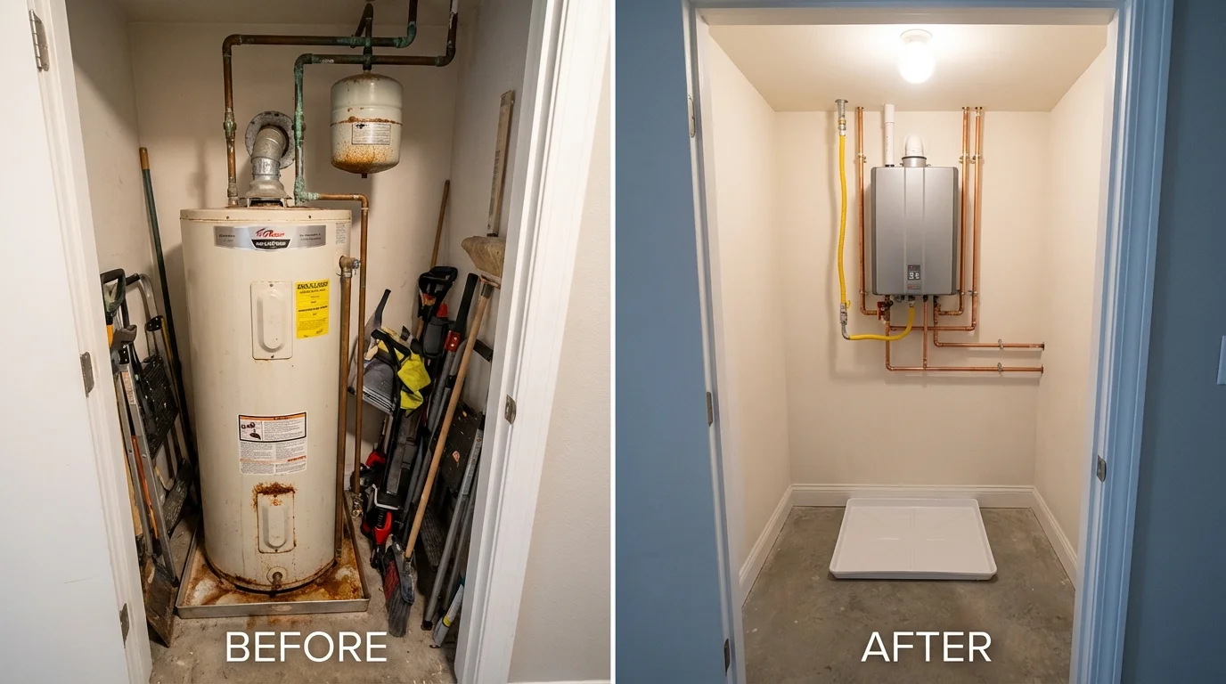 Tank water heater versus wall-mounted tankless unit comparison for Lake View, IA homeowners