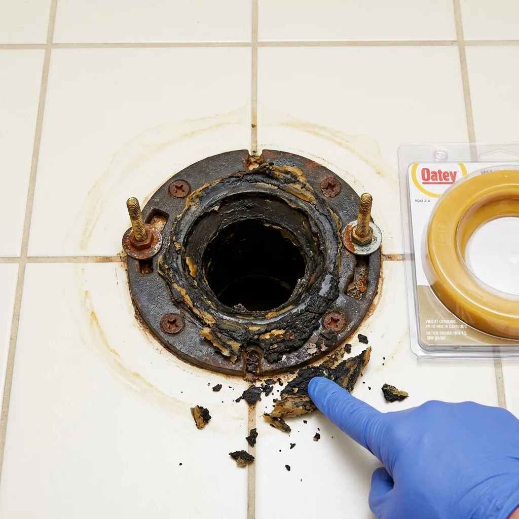 Failed wax ring showing water seepage at the base of a toilet in a Lake View, IA home