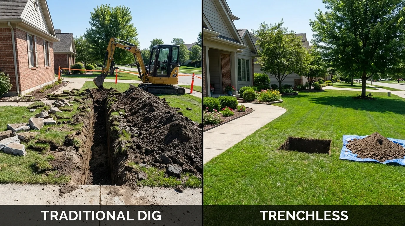 Trenchless sewer repair with minimal yard damage versus traditional excavation in Lake View, IA