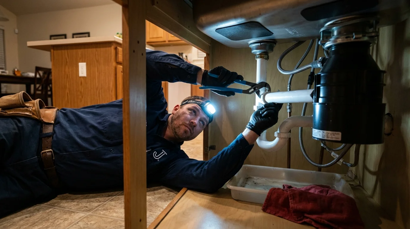 P-trap and supply line connections under a kitchen sink showing a common leak point in Lake View, IA